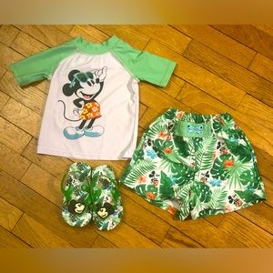 Disney swim trunks, rashguard & sandals.